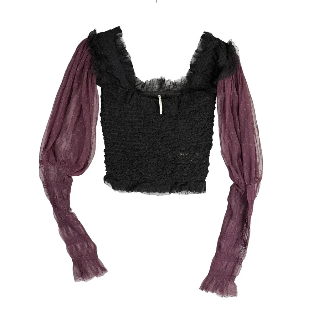 Free People Smocked Lace Crop Top Black Plum Purple Star Mesh Long Sleeve XS
